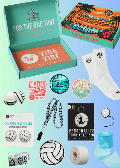 Vida Vibe volleyball-themed products including a box, keychain, stickers, and accessories on a light blue background.