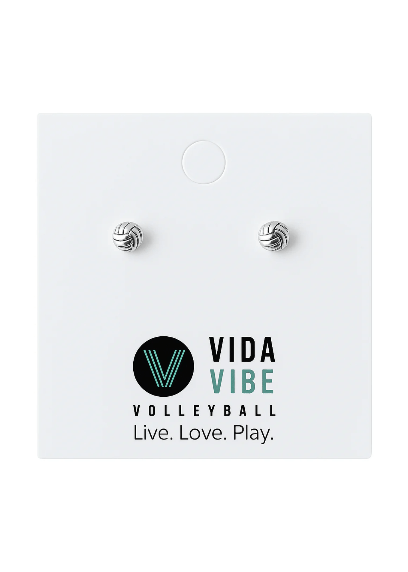 Vida Vibe volleyball earrings on a display card with brand logo and tagline.