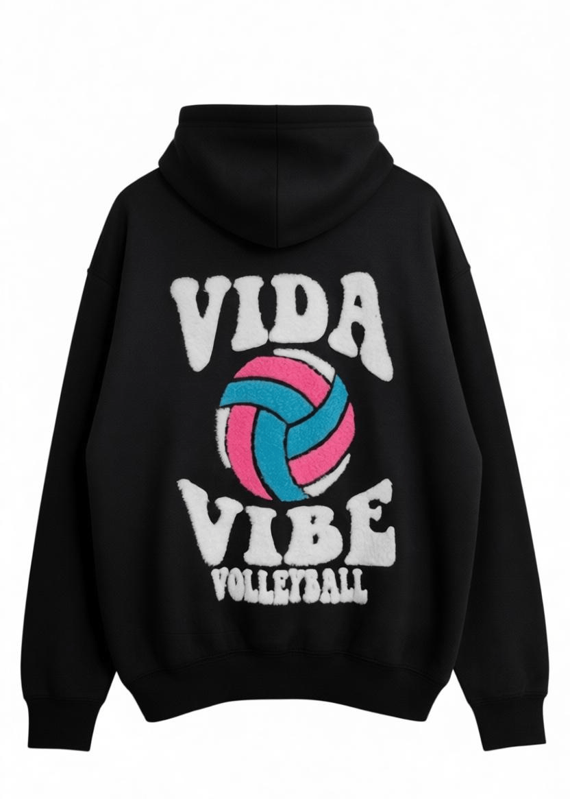 Black hoodie with 'Vida Vibe Volleyball' text and volleyball graphic on a white background