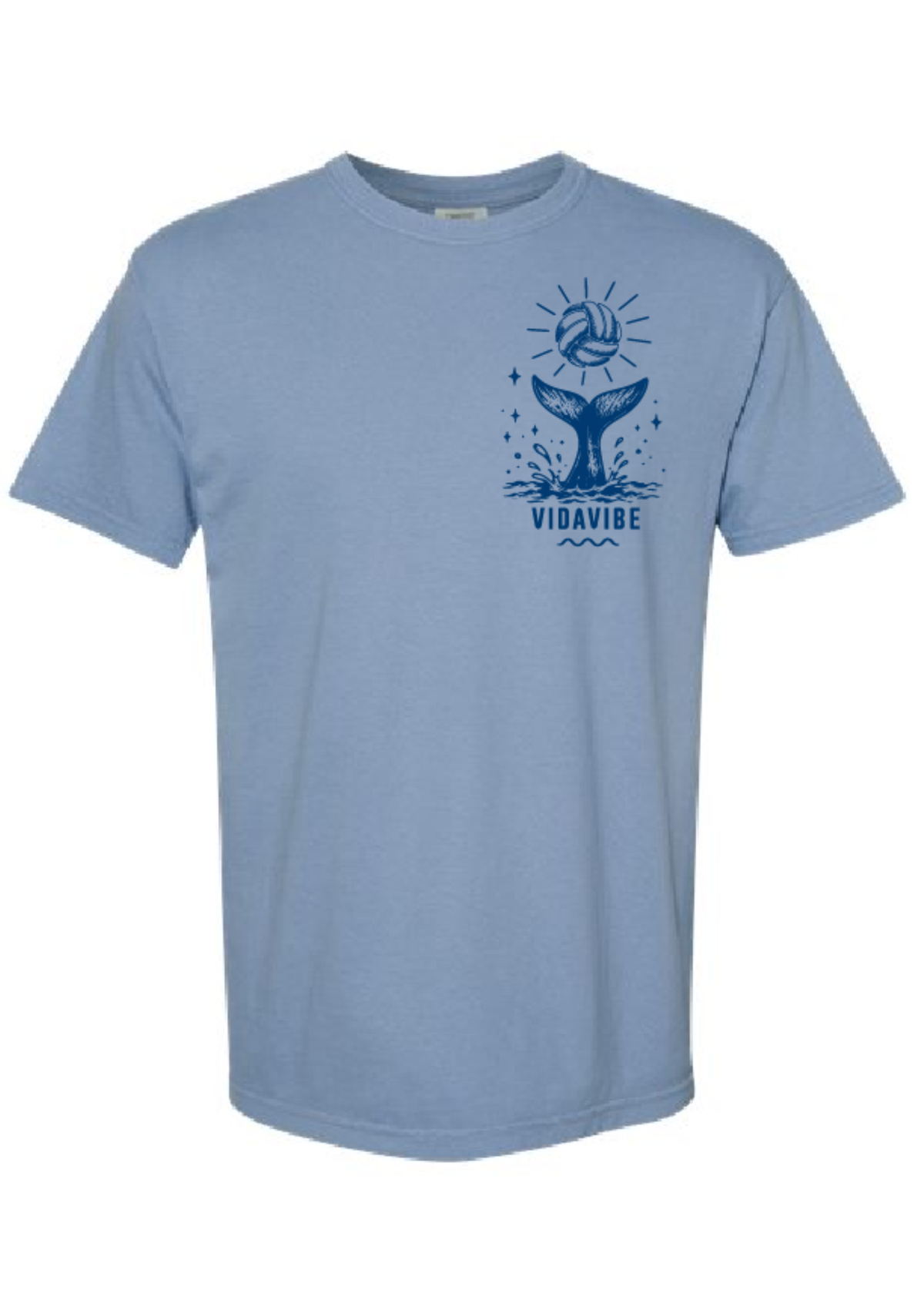 A light blue short-sleeve crewneck t-shirt with a dark blue graphic on the left chest depicting a mermaid tail, sun, and the text 'VIDAVIBE'.