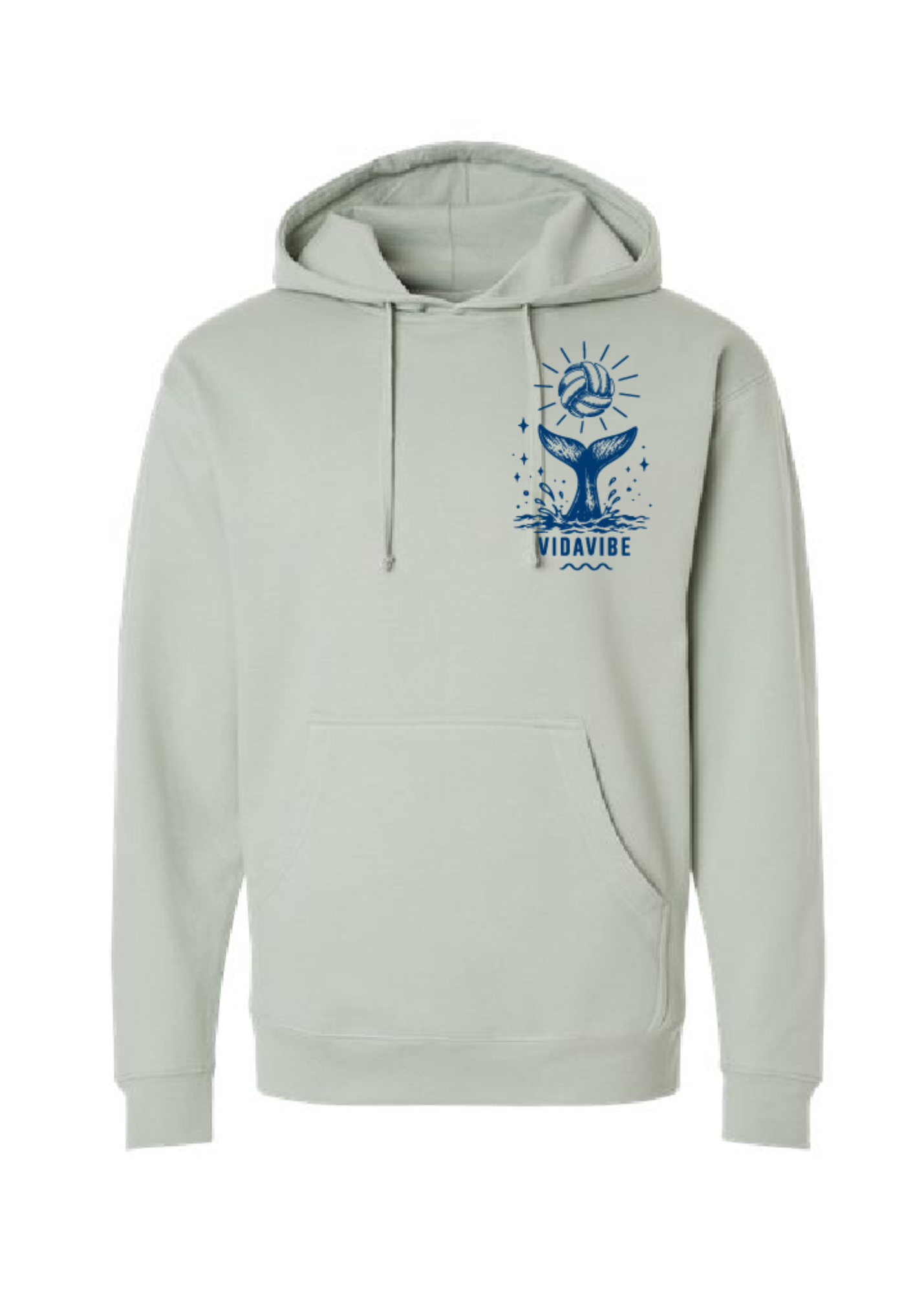 A light sage green pullover hoodie with a blue graphic on the left chest depicting a mermaid tail, sun, and the word 'VIBAVIBE'.