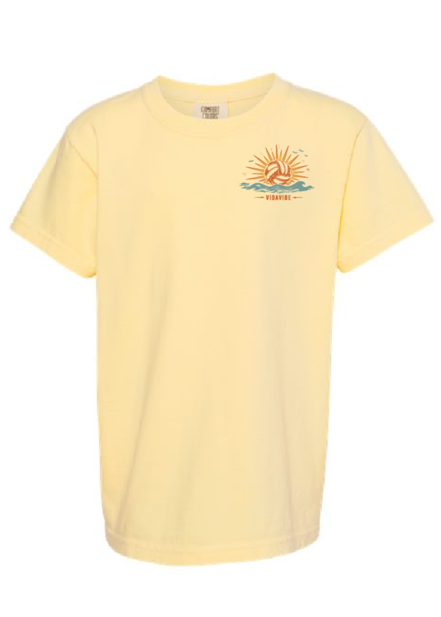 A pale yellow short-sleeve t-shirt with a small sun and wave graphic on the left chest, featuring the brand name 'VidaVibe' printed below it.