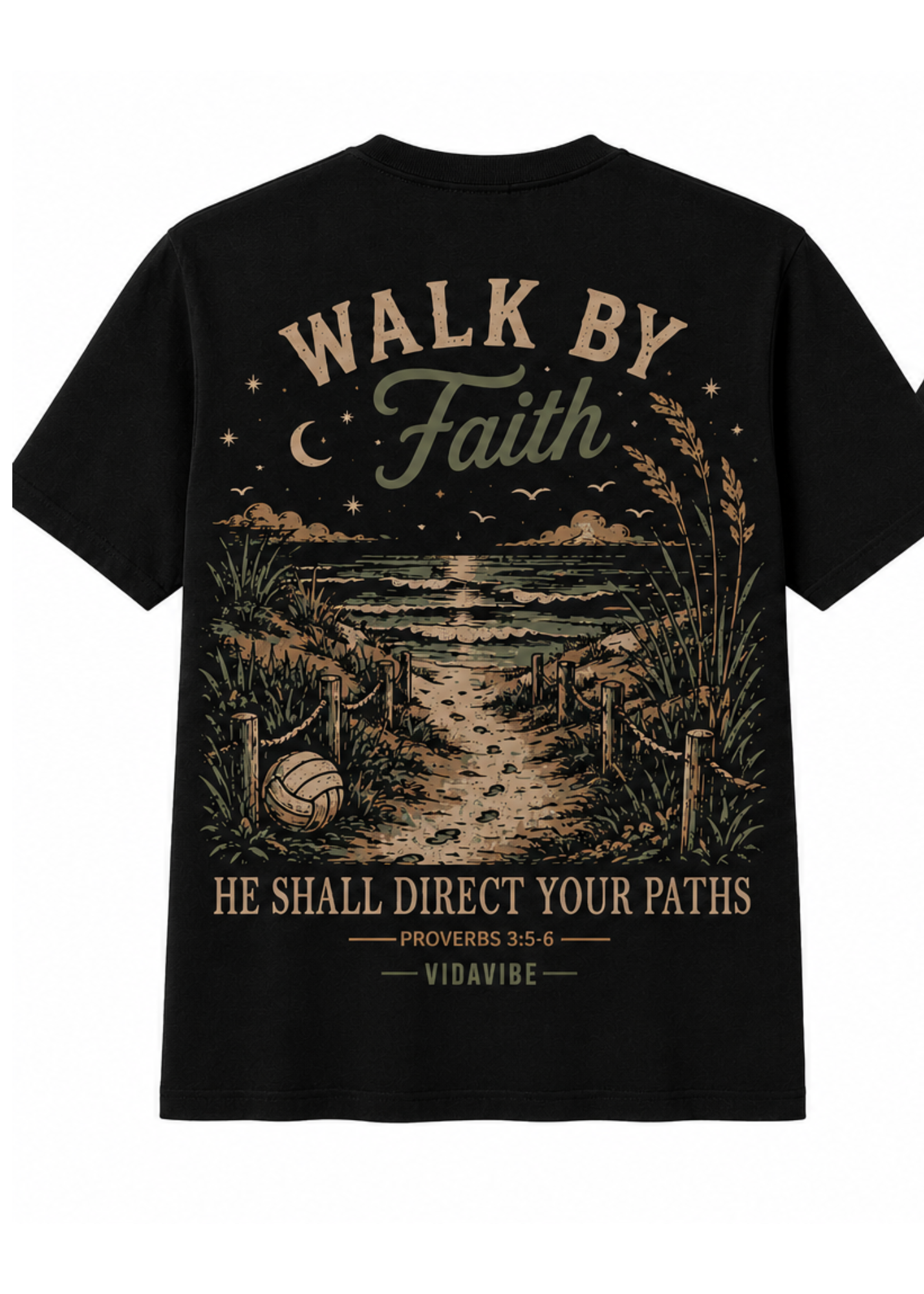 A black short-sleeve t-shirt shown from the back, featuring a large vintage-style graphic print of a beach path at night with the text 'WALK BY Faith HE SHALL DIRECT YOUR PATHS' and 'VIDAVIBE'.