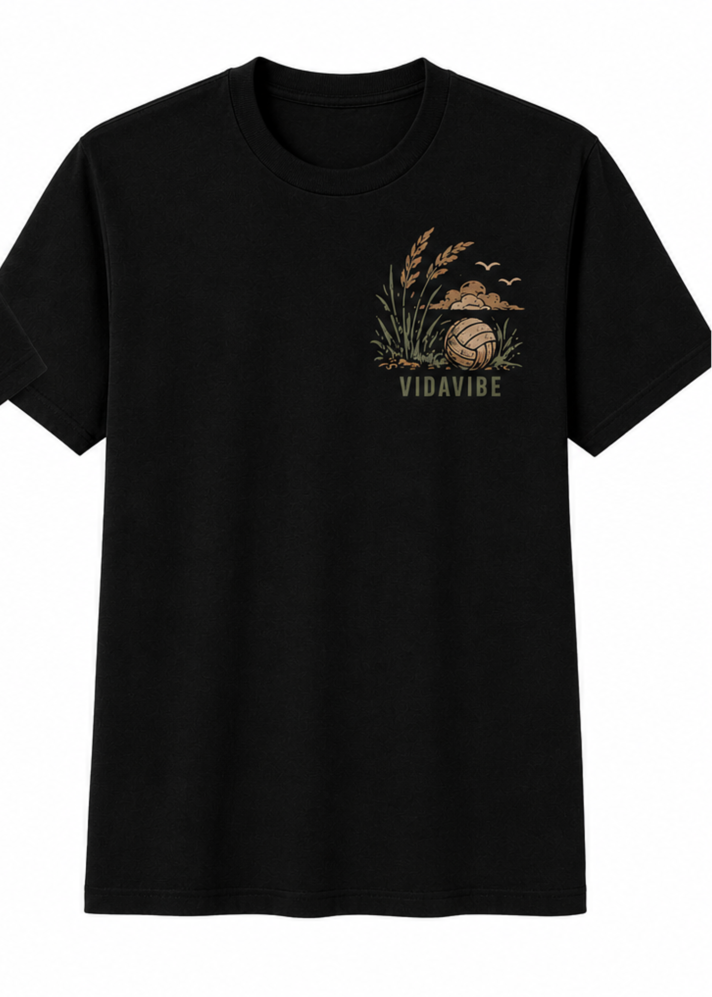 A black short-sleeve crewneck t-shirt featuring a vintage-style graphic on the left chest with a volleyball, grass, a rock, birds, and the text 'VIDAVIBE' with a volleyball.