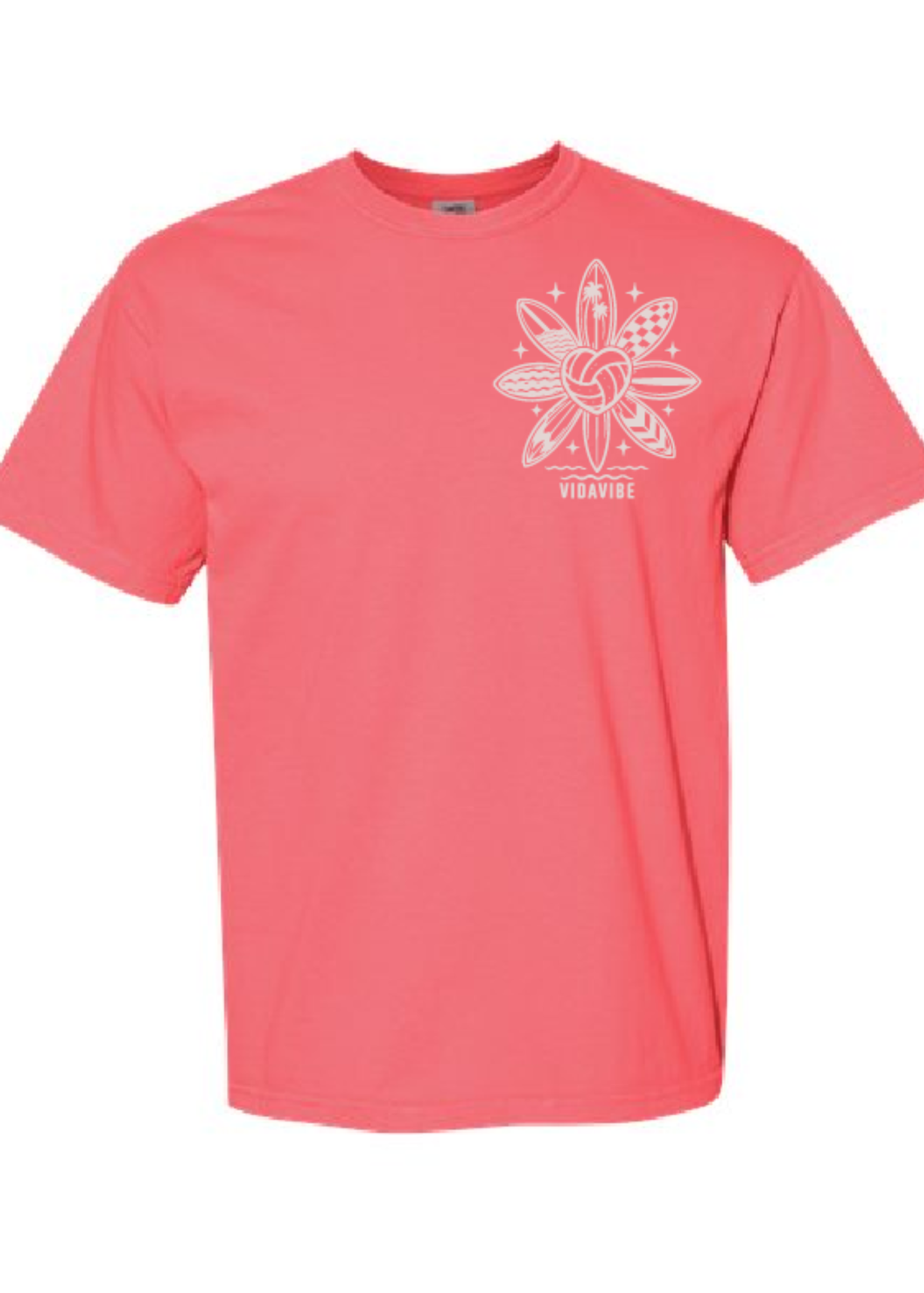 A coral pink short-sleeve volleyball t-shirt with a white graphic on the left chest featuring a flower and the word 'VIDAVIBE'.