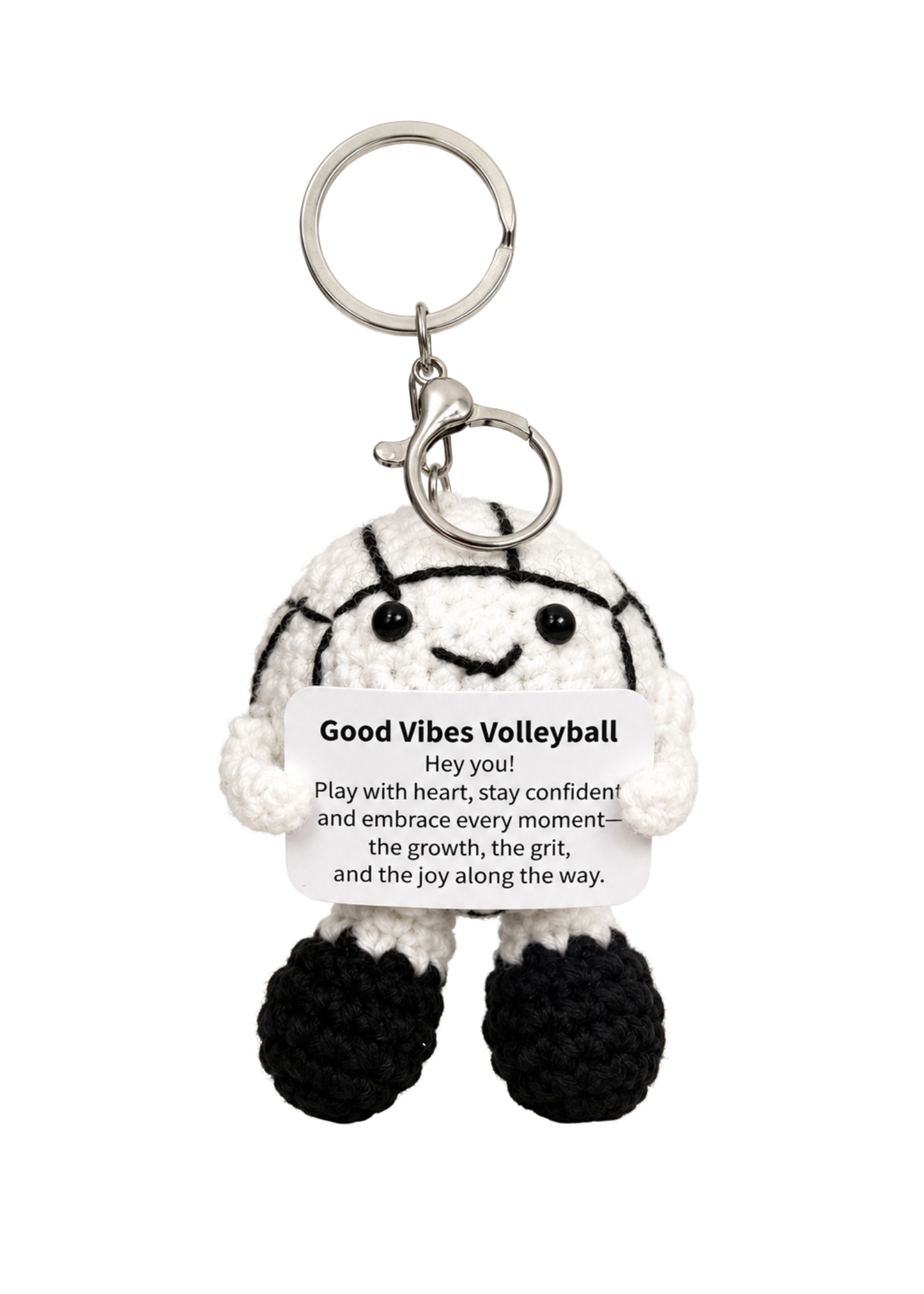 Plush volleyball keychain with text on a white background