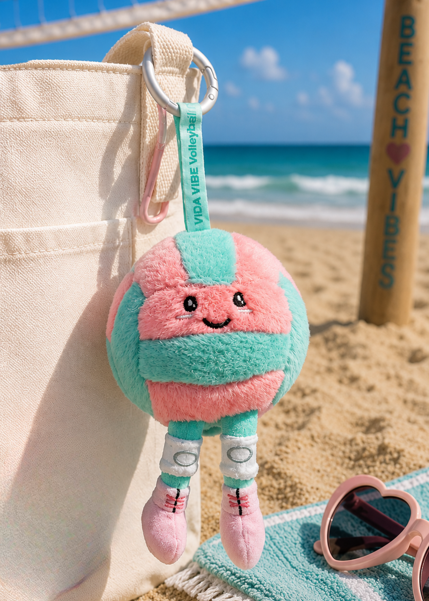 Plush Teal & Pink Volleyball Keychain