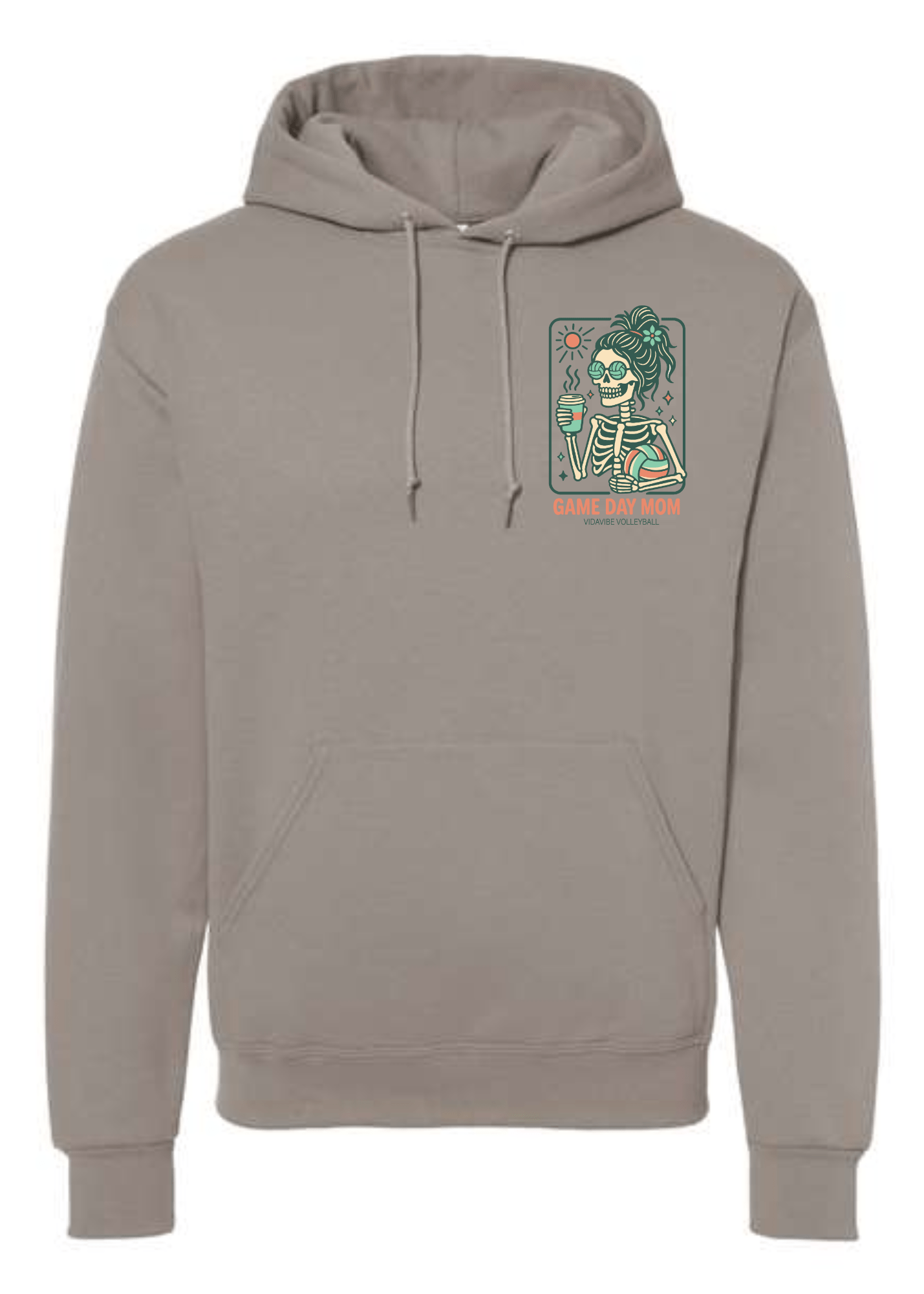 Beige hoodie with a colorful graphic on the chest against a white background