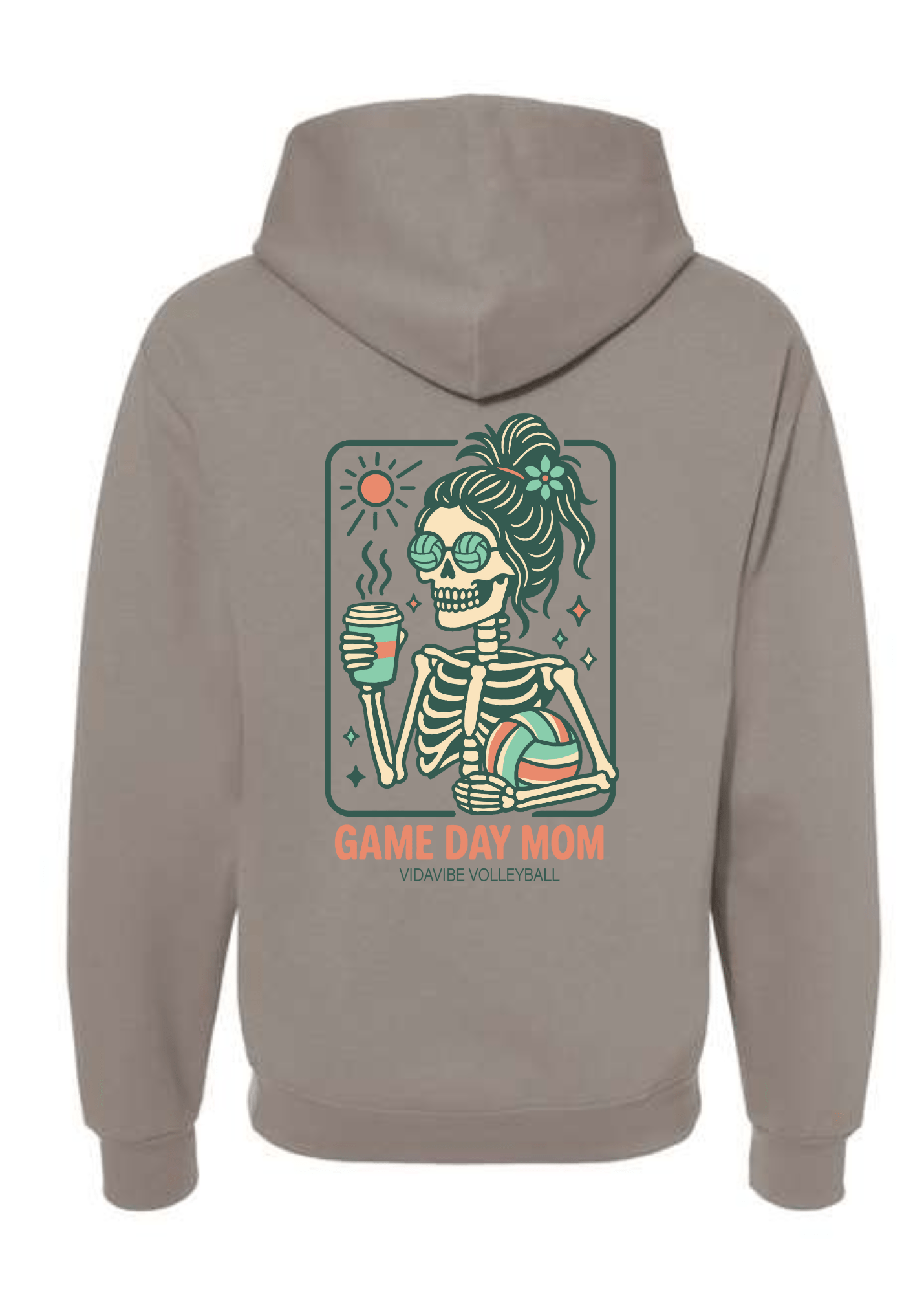 Gray hoodie with a skeleton design and 'Game Day Mom' text on the back