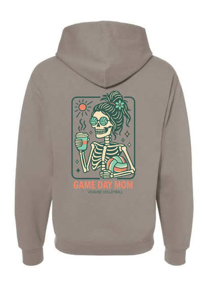 Gray hoodie with a skeleton design and 'Game Day Mom' text on the back