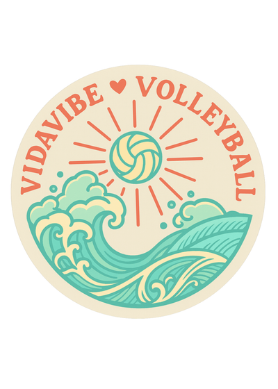 Circular sticker with 'Vidavibe Volleyball' text, volleyball design, and wave illustration on a beige background.