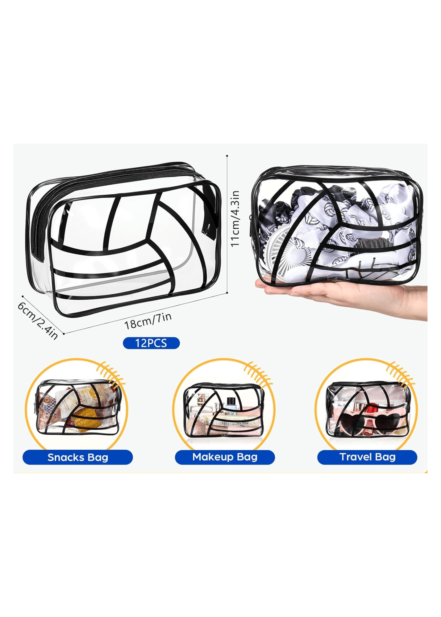 Transparent pouches with measurements and usage illustrations on a white background