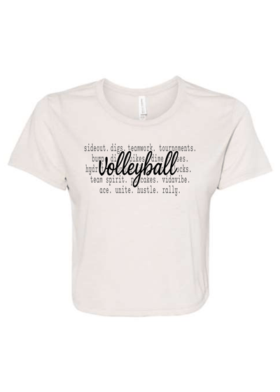 Beige t-shirt with black text on a white background