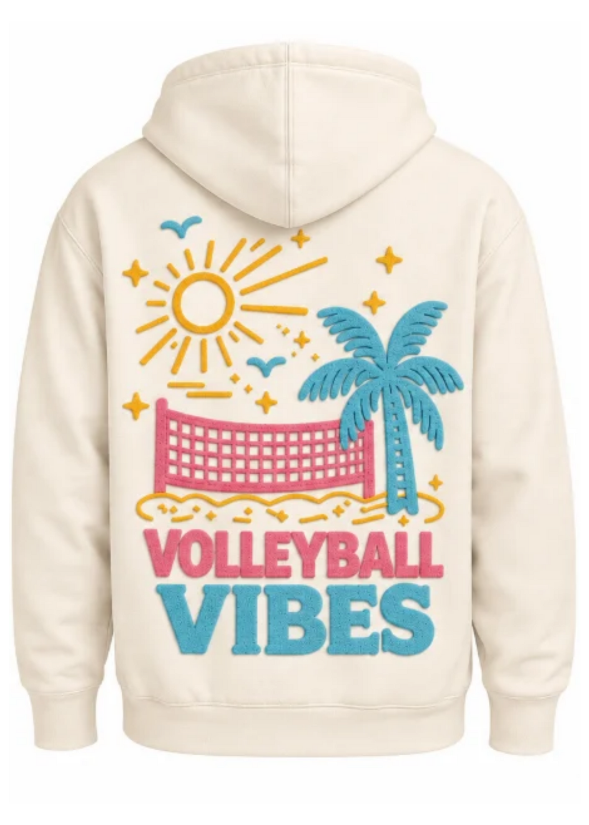 An off-white hooded sweatshirt shown from the back, featuring a colorful retro-style graphic with a yellow sun, blue palm tree, pink volleyball net, and the words 'VOLLEYBALL VIBES' in pink and blue.