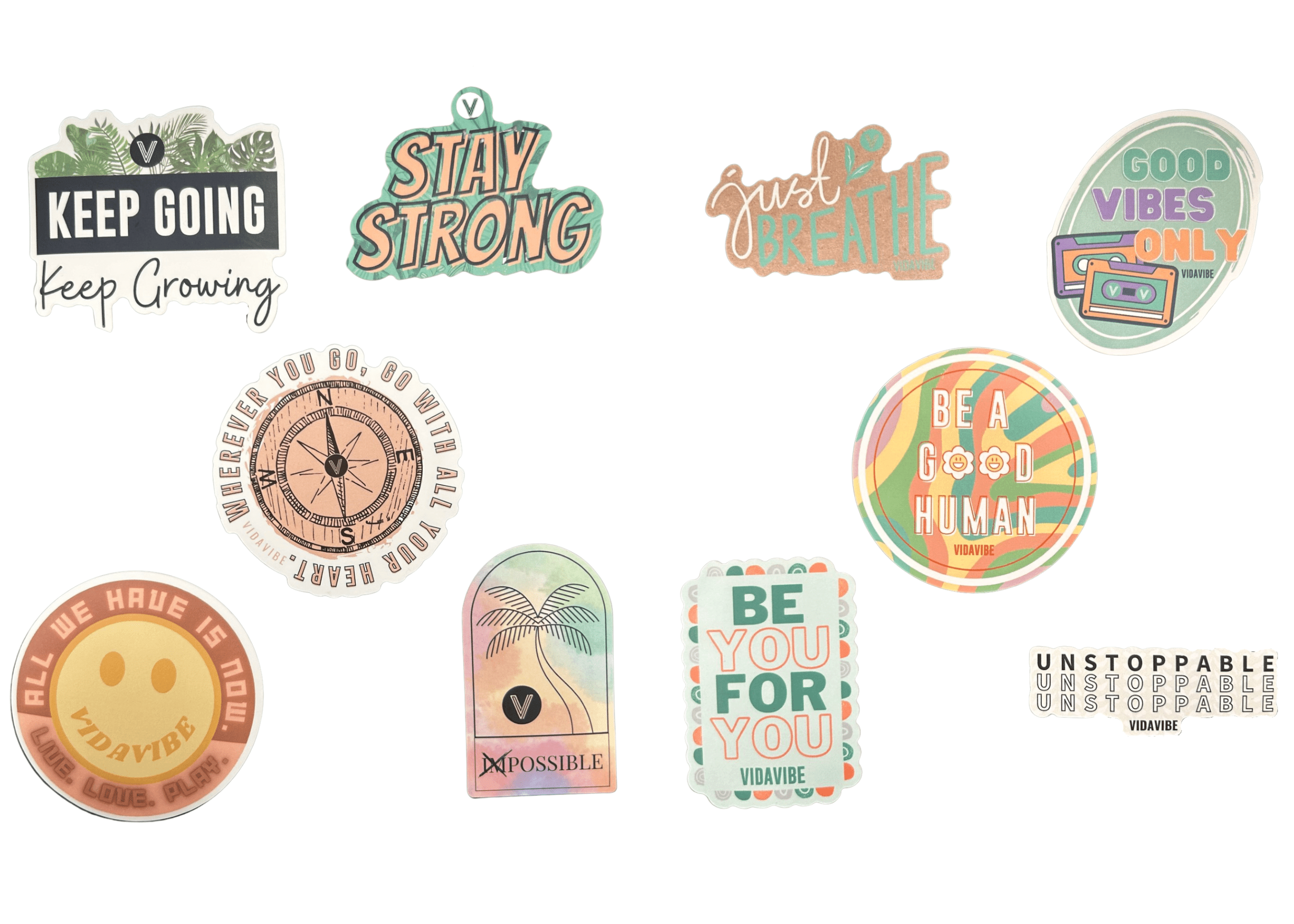 Collection of motivational stickers with various designs and text on a white background